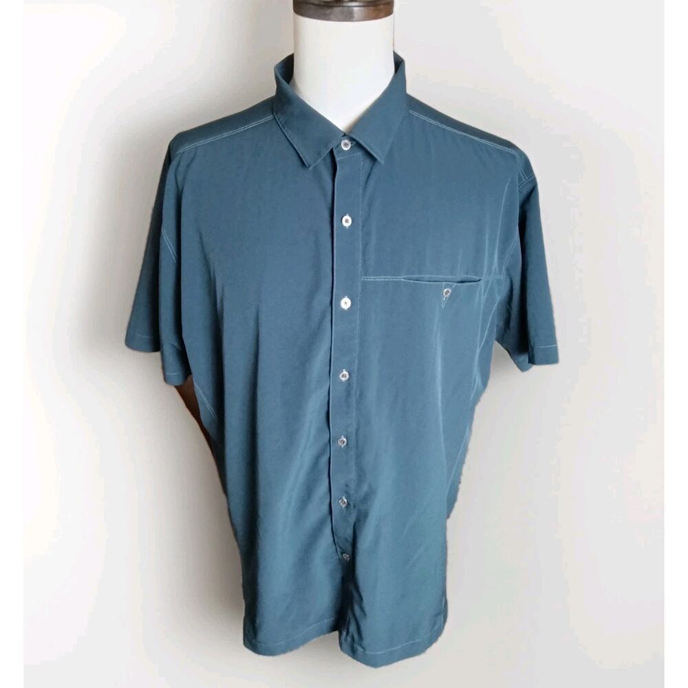 KUHL Tufflex Short Sleeve Button Shirt Gray Mens XL Blue Wicking Outdoor